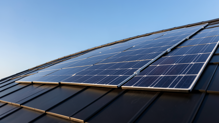 tuile photovoltaïque Tesla installée sur un toit de maison contemporaine