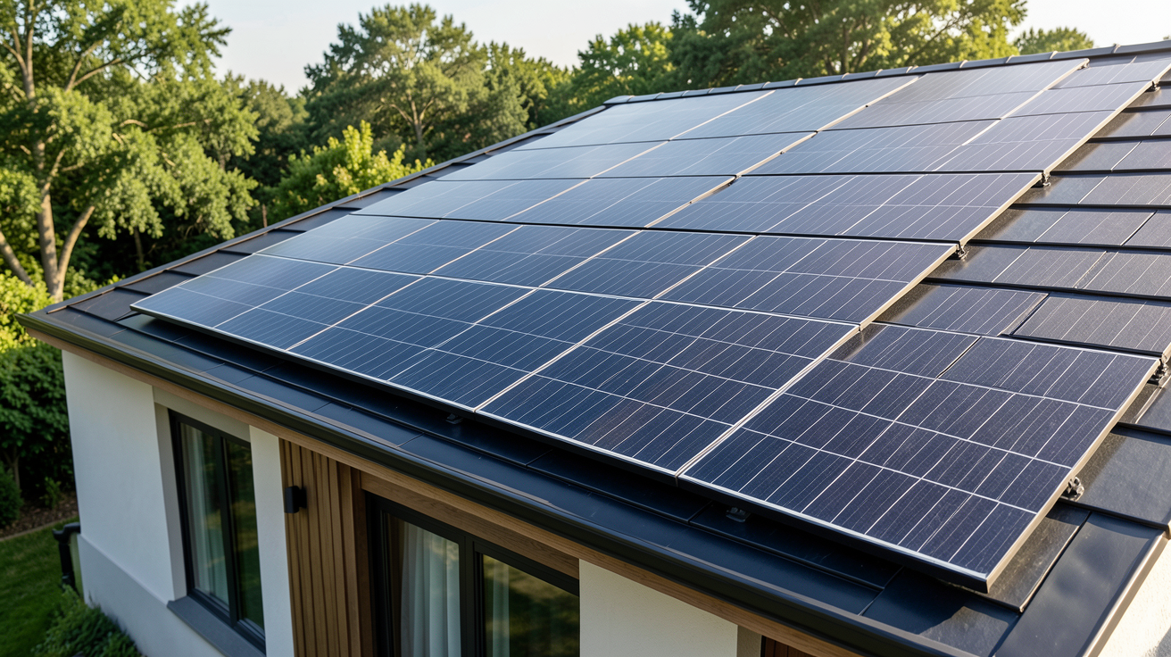 tuile photovoltaïque tesla installée sur le toit d'une résidence moderne et luxueuse