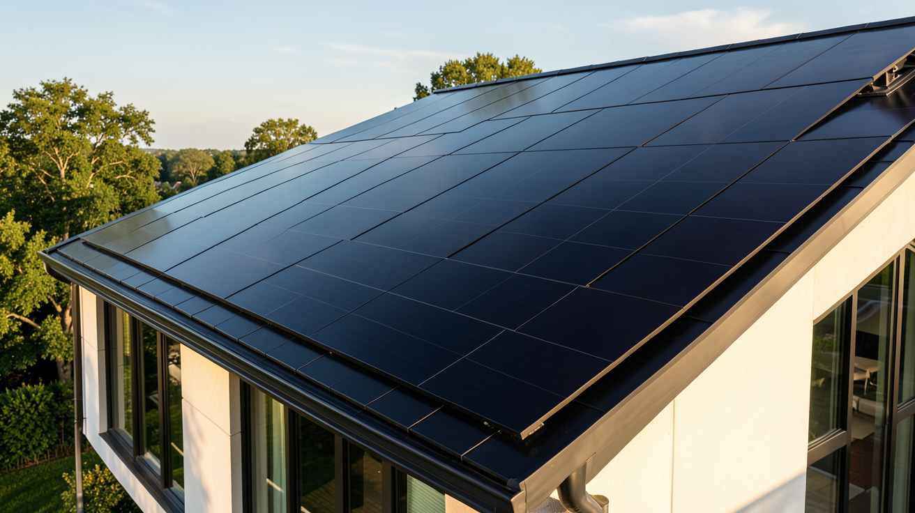 tuile photovoltaïque tesla installée sur la toiture d'une maison contemporaine luxueuse