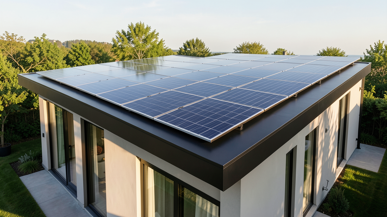 tuile photovoltaïque tesla installée sur le toit d'une résidence moderne et luxueuse