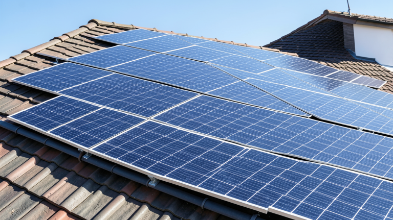 tuile photovoltaique installée sur le toit d'une maison moderne, capturée en haute résolution avec une lumière naturelle éclatante