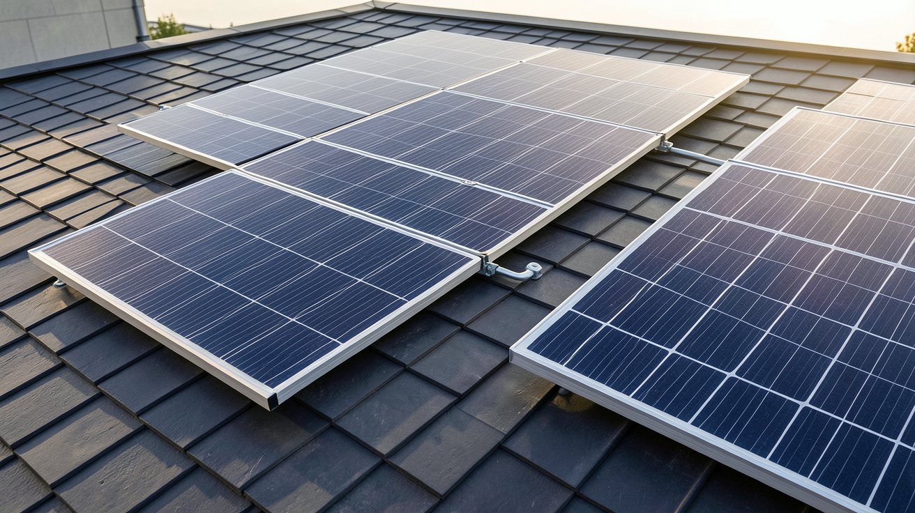 tuile photovoltaïque intégrée à une toiture moderne à côté d'un panneau solaire classique