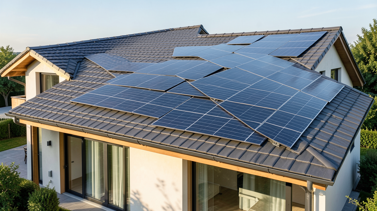 tuile solaire invisible intégrée dans une toiture de maison contemporaine