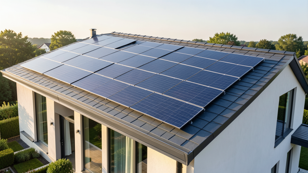 tuile solaire invisible intégrée harmonieusement dans une toiture de maison contemporaine