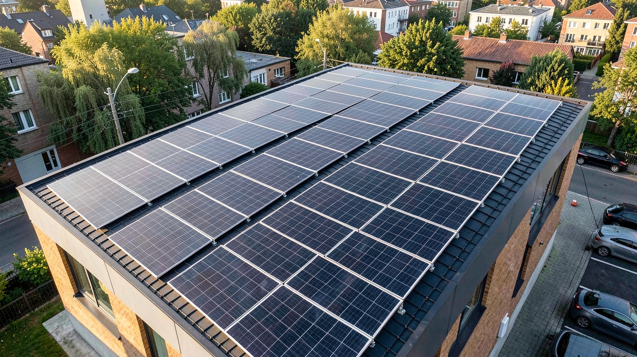 tuile solaire prix installation complète 2026 montrant un toit moderne équipé de tuiles photovoltaïques noires