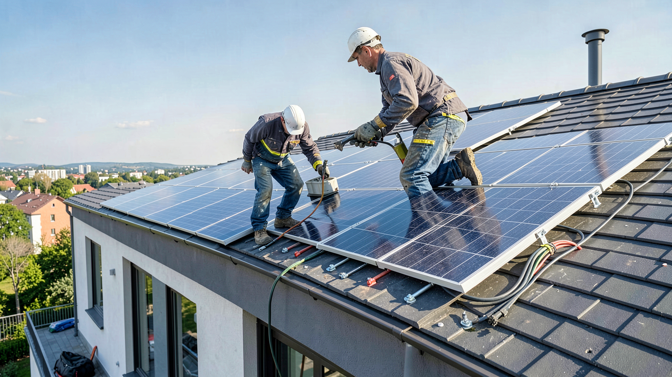 tuile solaire prix installation sur le toit d'une maison contemporaine avec ouvriers professionnels
