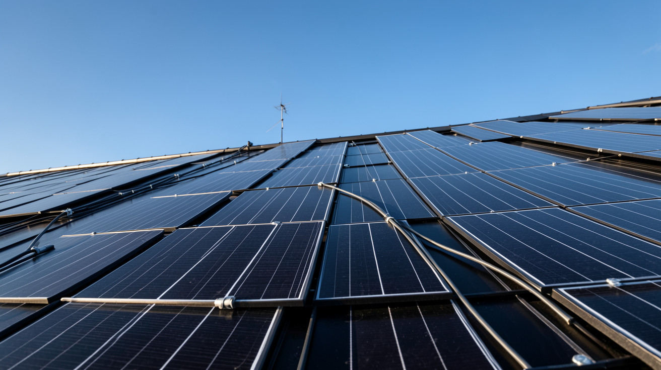 tuile solaire prix m2 : toit équipé de tuiles solaires noires brillantes pour évaluer le retour sur investissement sur 20 ans