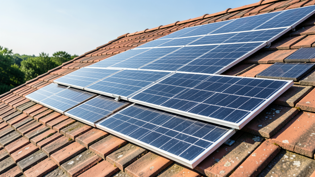 tuile solaire prix m2 montrée sur un toit résidentiel moderne avec panneaux solaires intégrés