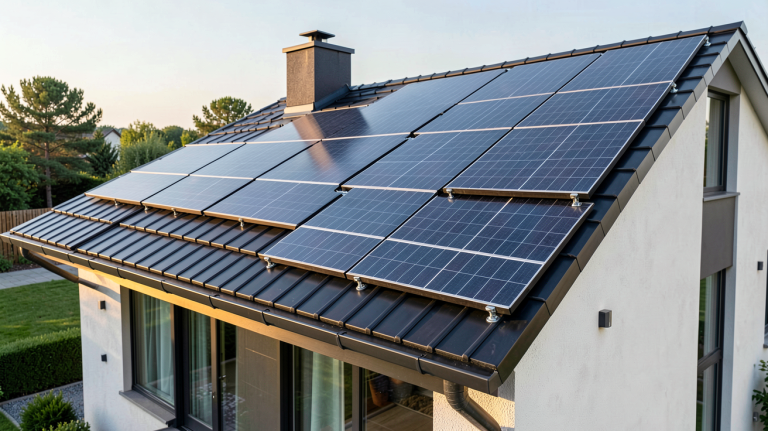 tuile solaire prix installation sur toiture de maison moderne avec lumière naturelle du matin