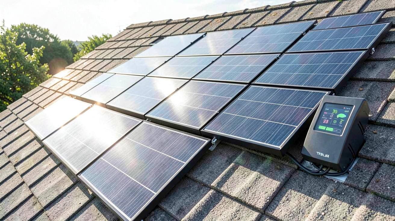 tuile solaire tesla montrant le fonctionnement technique et la production d’électricité sur un toit moderne