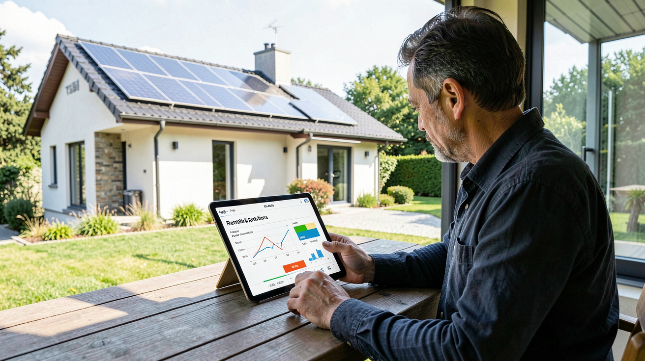 tuile solaire tesla affichée sur le toit d'une maison moderne, avec un propriétaire consultant une tablette montrant une simulation de rentabilité sur 20 ans