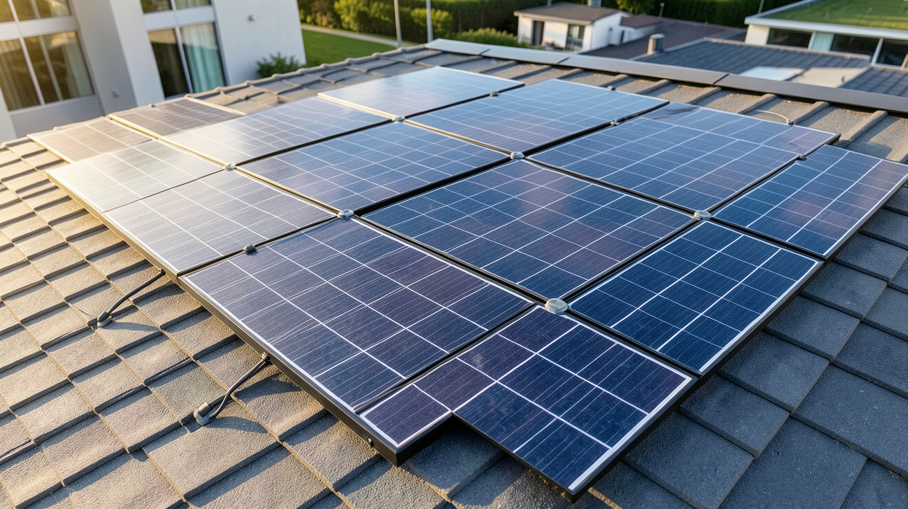 tuile Tesla Solar Roof intégrée sur un toit moderne, affichant le coût d'achat et d'installation en 2026