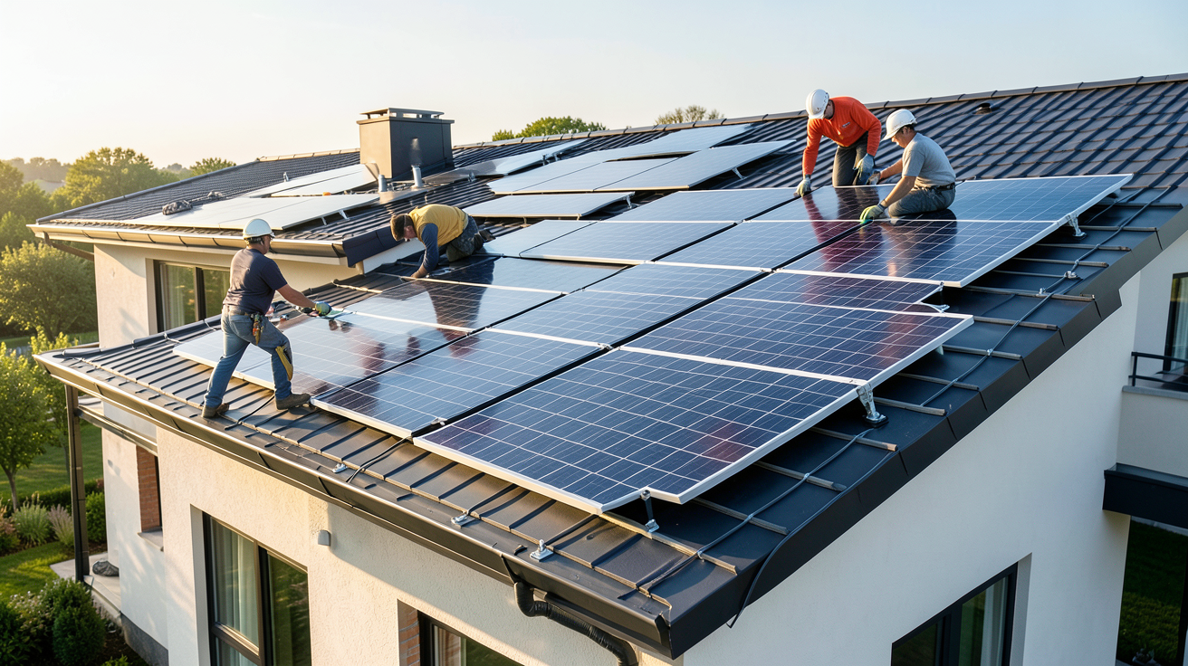 tuile Tesla Solar Roof en cours d'installation sur le toit d'une maison moderne