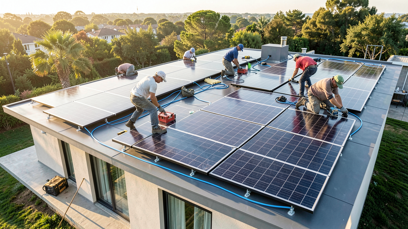 tuile Tesla Solar Roof en cours d'installation sur le toit d'une maison moderne
