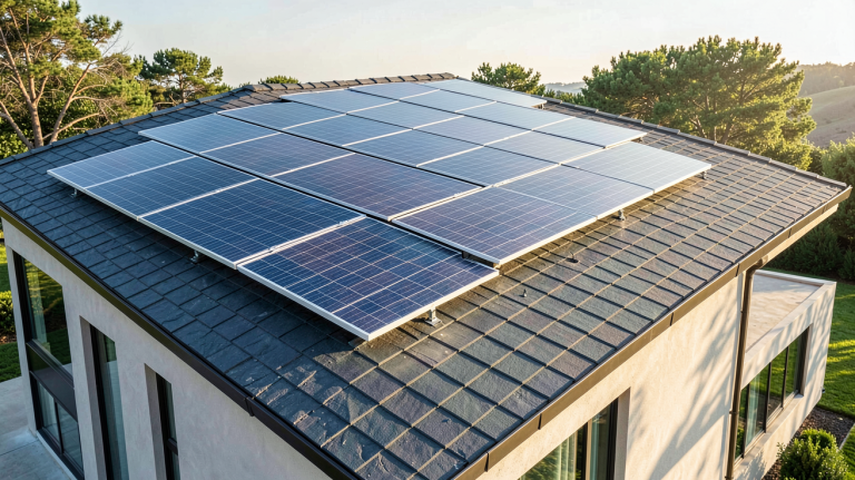 tuile Tesla Solar Roof installée sur le toit d'une maison moderne