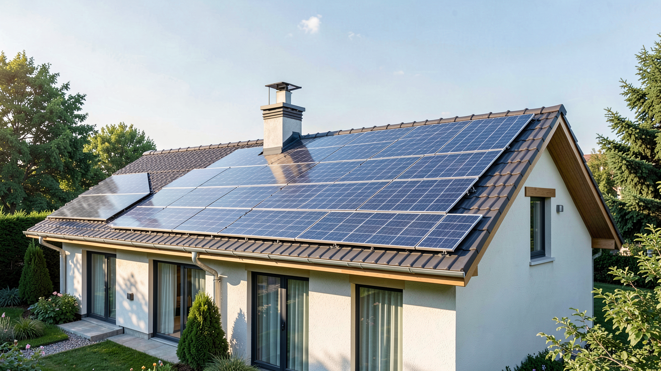 tuiles photovoltaïque installées sur le toit d'une maison contemporaine