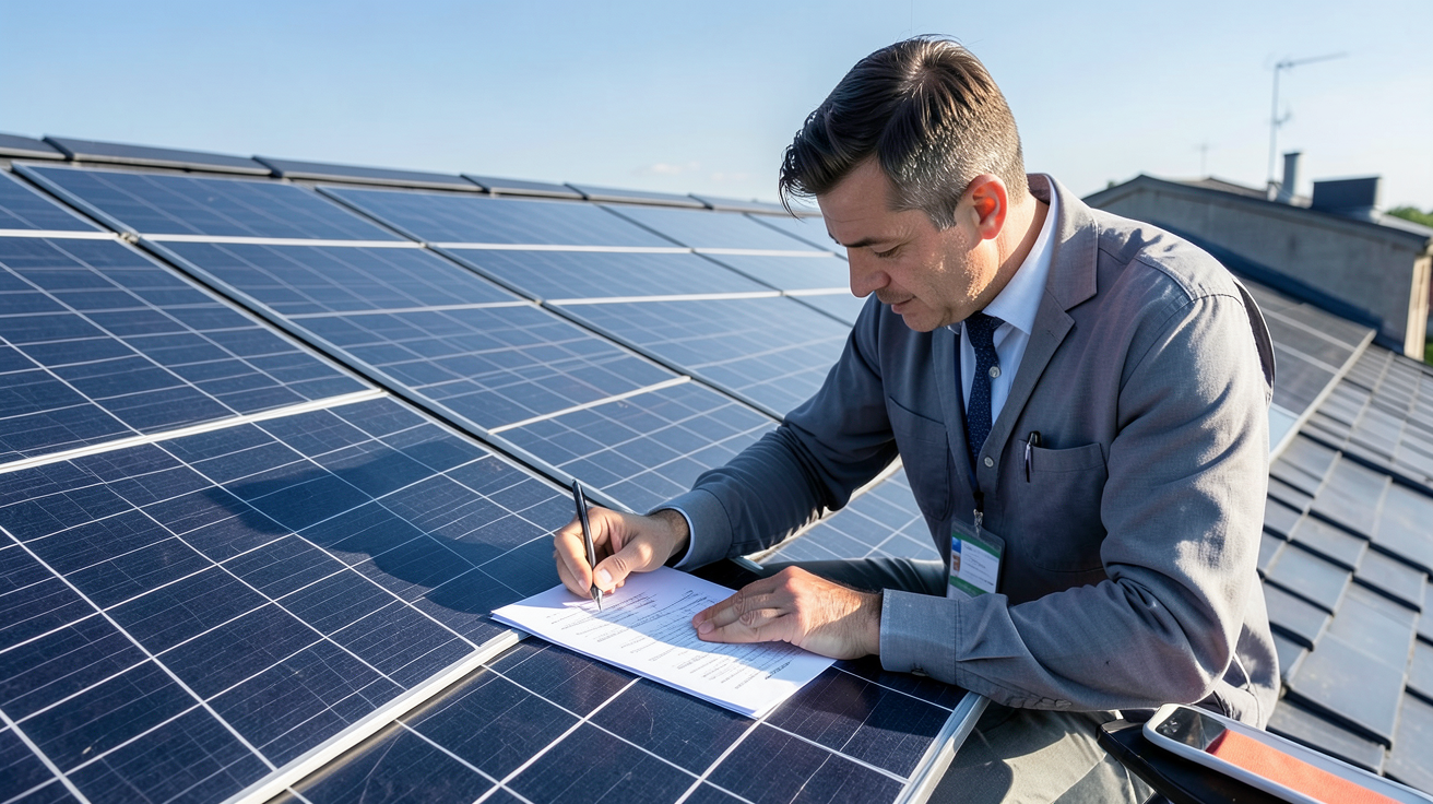 tuiles photovoltaïques installées sur un toit avec un professionnel consultant des aides financières 2025