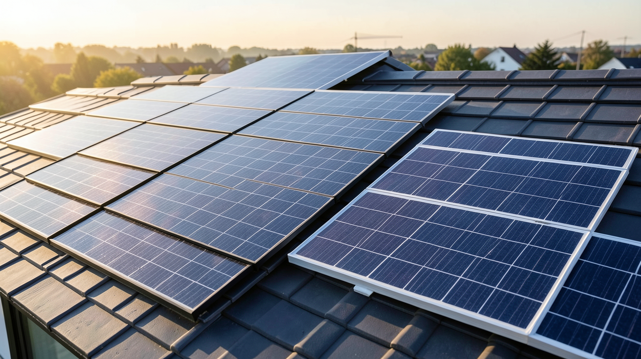 tuiles photovoltaïques et panneaux solaires classiques posés sur un toit moderne pour un comparatif 2025