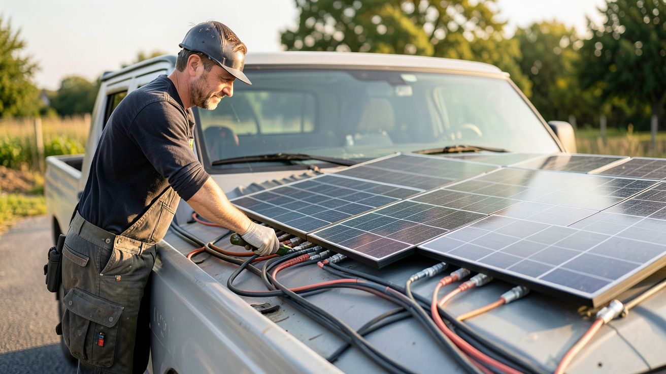 tuiles photovoltaïques posées sur le toit d'une fourgonnette utilitaire en 2025