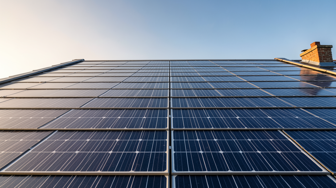 tuiles photovoltaïque Tesla Solar Roof installées sur un toit, vue en contre-plongée montrant la technologie intégrée