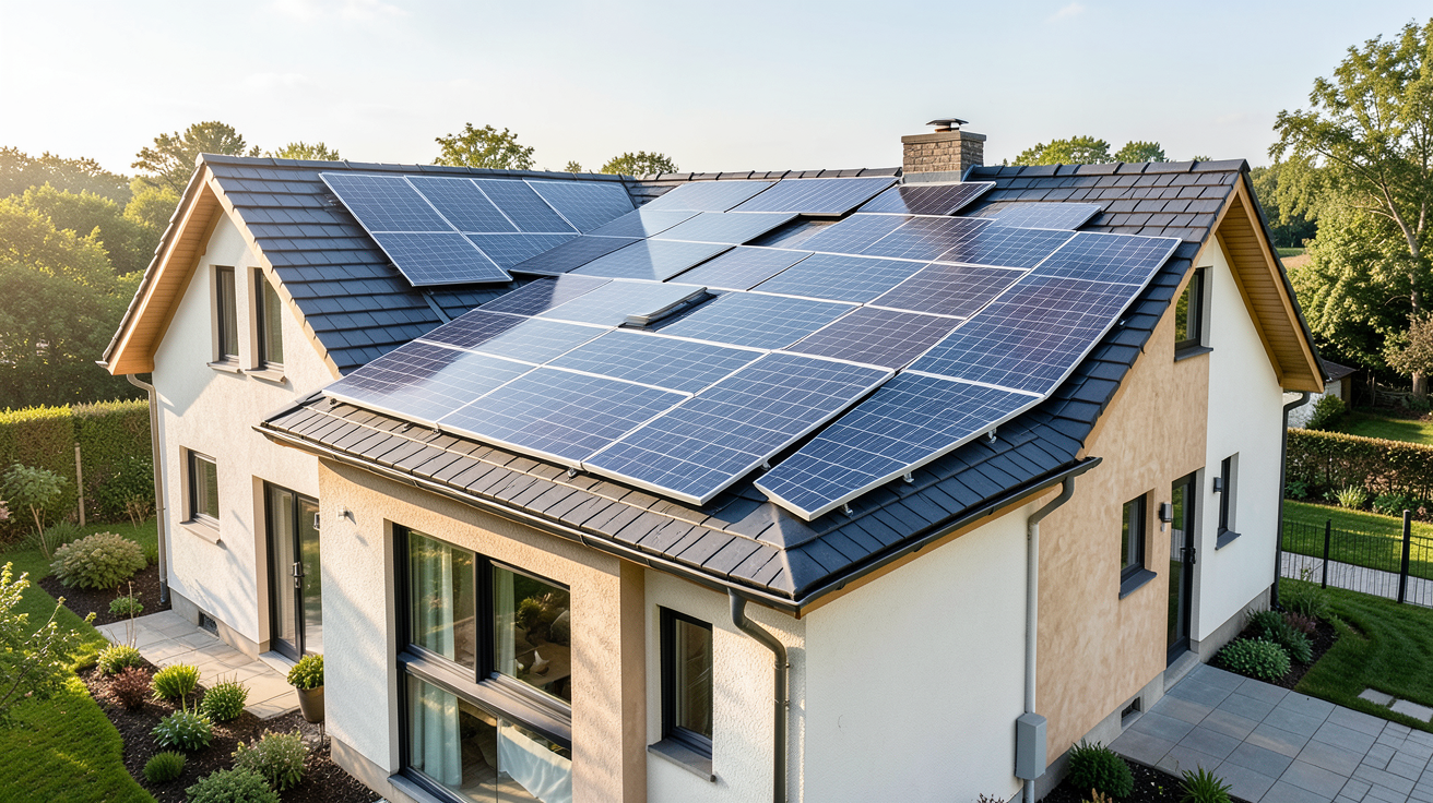 tuiles photovoltaïque Tesla Solar Roof installées sur une maison rénovée dans le cadre d'une étude de cas sur les économies d'énergie