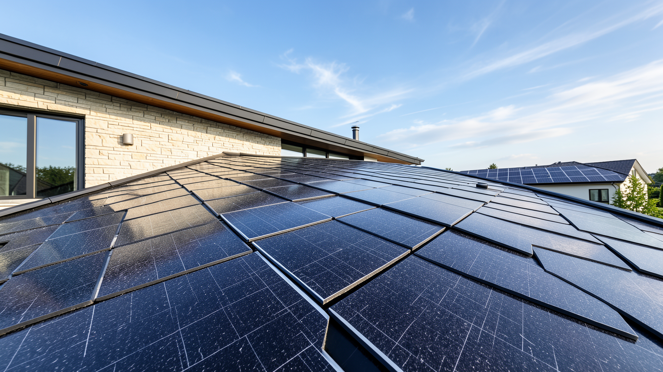 tuiles photovoltaïque Tesla Solar Roof installées sur un toit de maison moderne, vue en contre-plongée