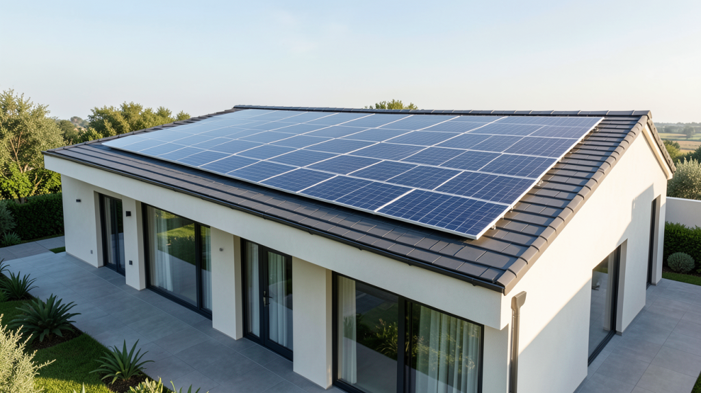 tuiles photovoltaique tesla sur la toiture d'une maison moderne