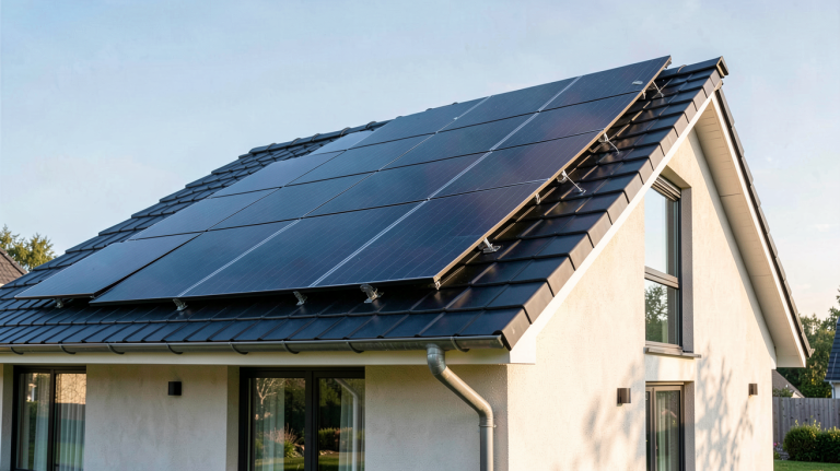 tuiles photovoltaïques noires installées sur le toit d'une maison contemporaine moderne