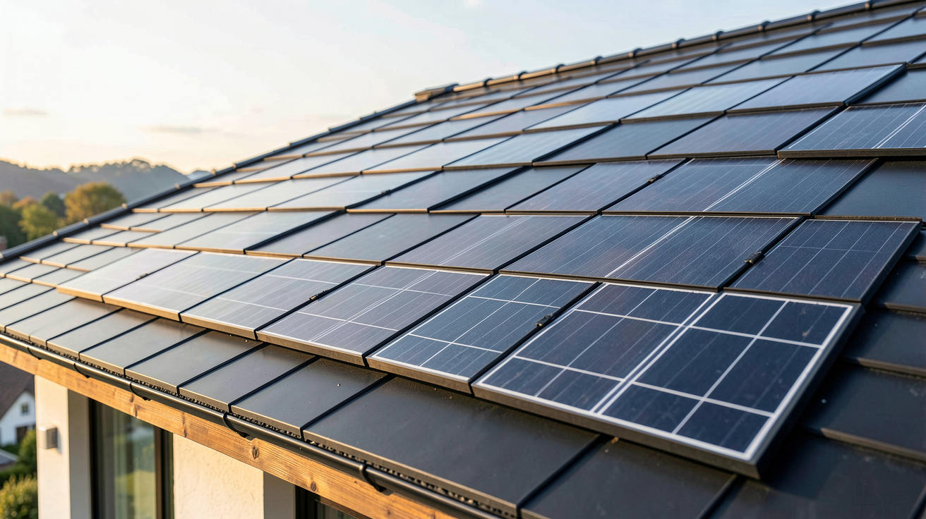 tuiles photovoltaïques noires installées sur le toit d'une maison contemporaine