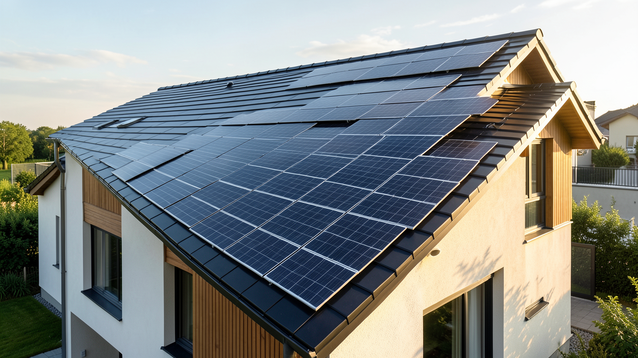 tuiles photovoltaïques noires installées sur un toit de maison contemporaine