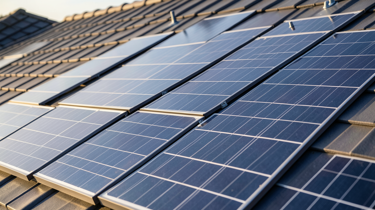 tuiles photovoltaïques modernes installées sur un toit avec une lumière naturelle du matin