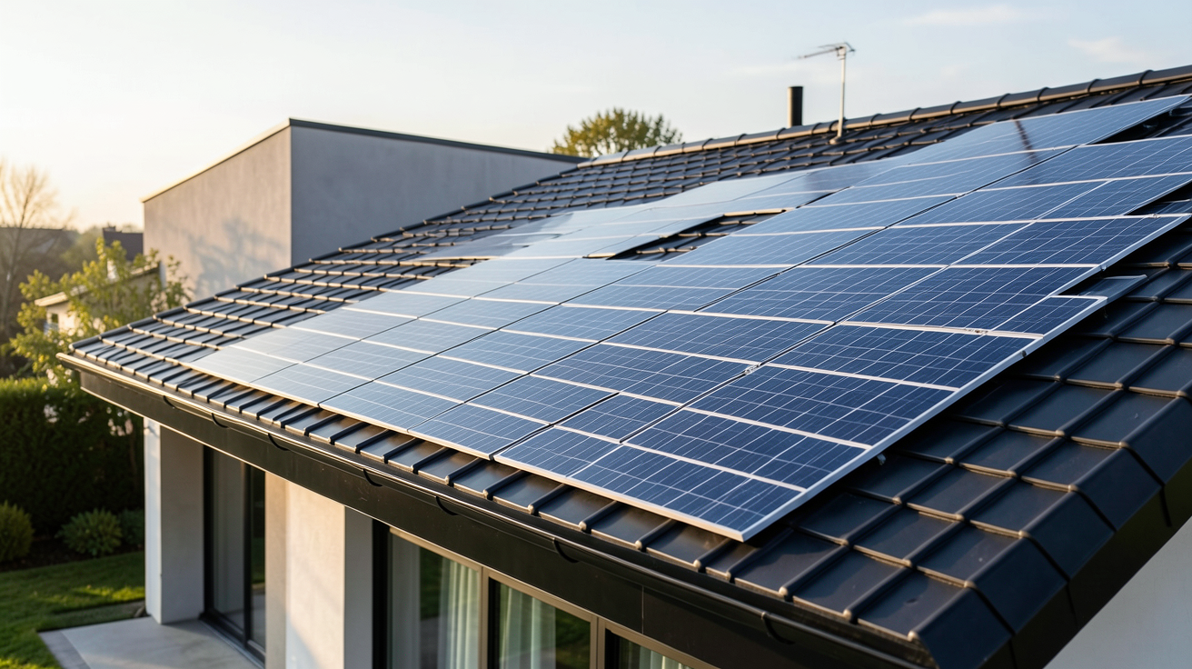 tuiles photovoltaïques noires installées sur un toit de maison contemporaine