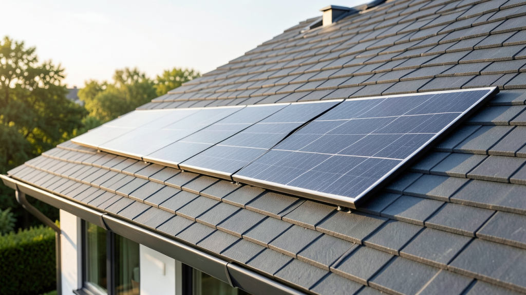 tuiles photovoltaïques prix m2 installées sur le toit d'une maison moderne avec une lumière naturelle du matin