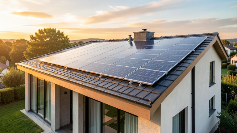 tuiles photovoltaïques intégrées sur le toit d'une maison contemporaine