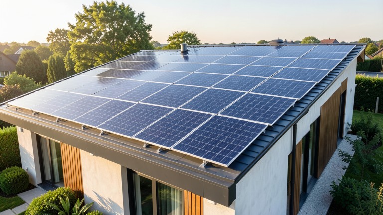tuiles solaire intégrées sur le toit d'une maison moderne avec lumière naturelle