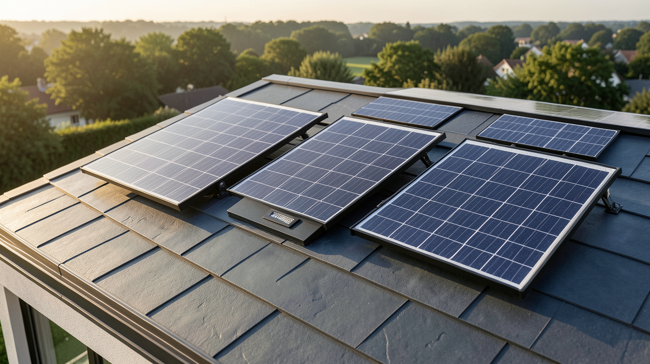 tuiles solaire présentant trois types : photovoltaïque, thermique et hybride, installées sur un toit moderne