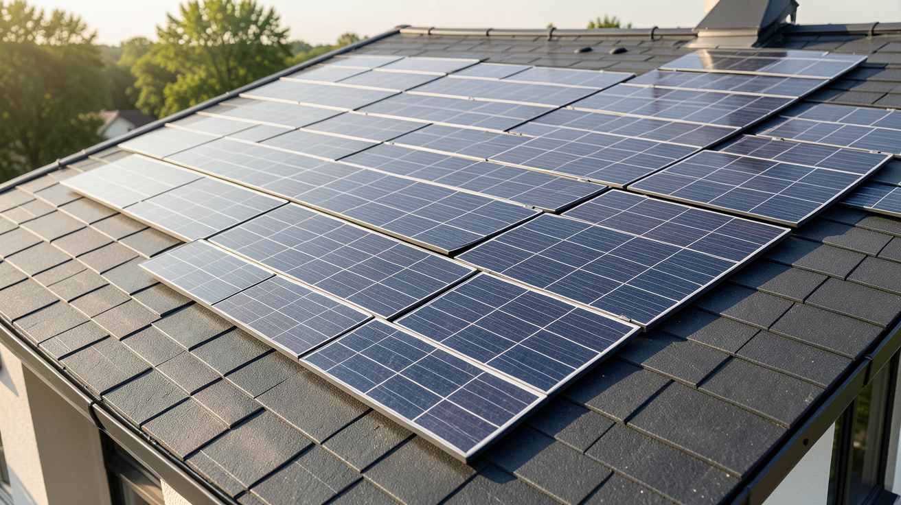 tuiles solaires photovoltaïques intégrées sur le toit d'une maison contemporaine