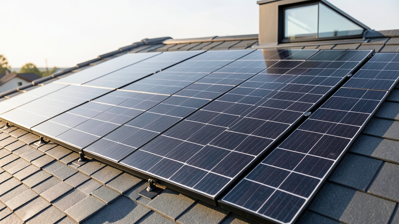tuiles solaires installées sur un toit moderne avec calculateur de rentabilité intégré