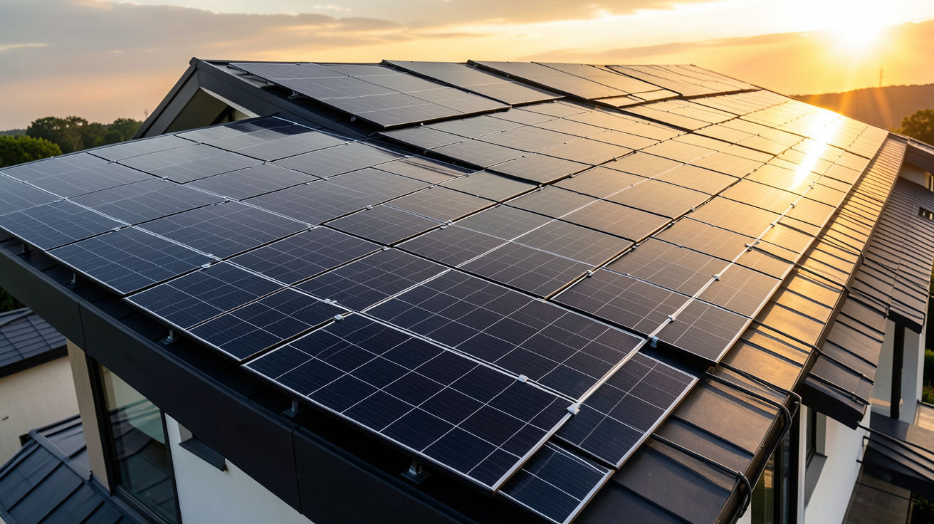 type d installation photovoltaique : choix du support toiture avec panneaux solaires noirs sur une maison moderne