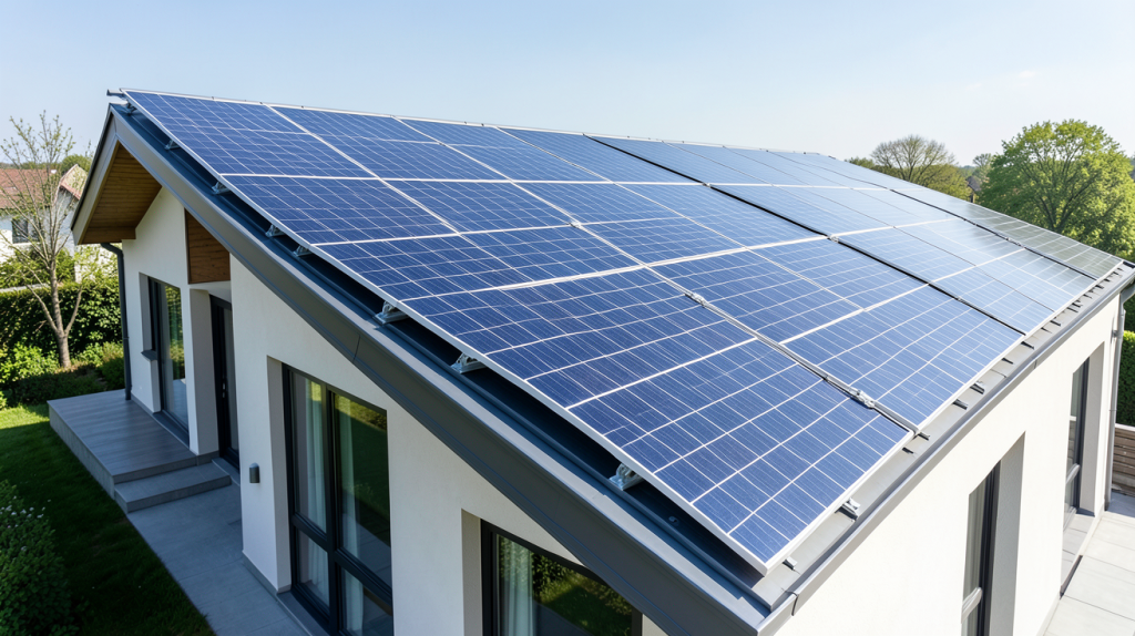 type d installation photovoltaique montrant des panneaux solaires installés sur le toit d'une maison moderne, éclairés par la lumière du jour