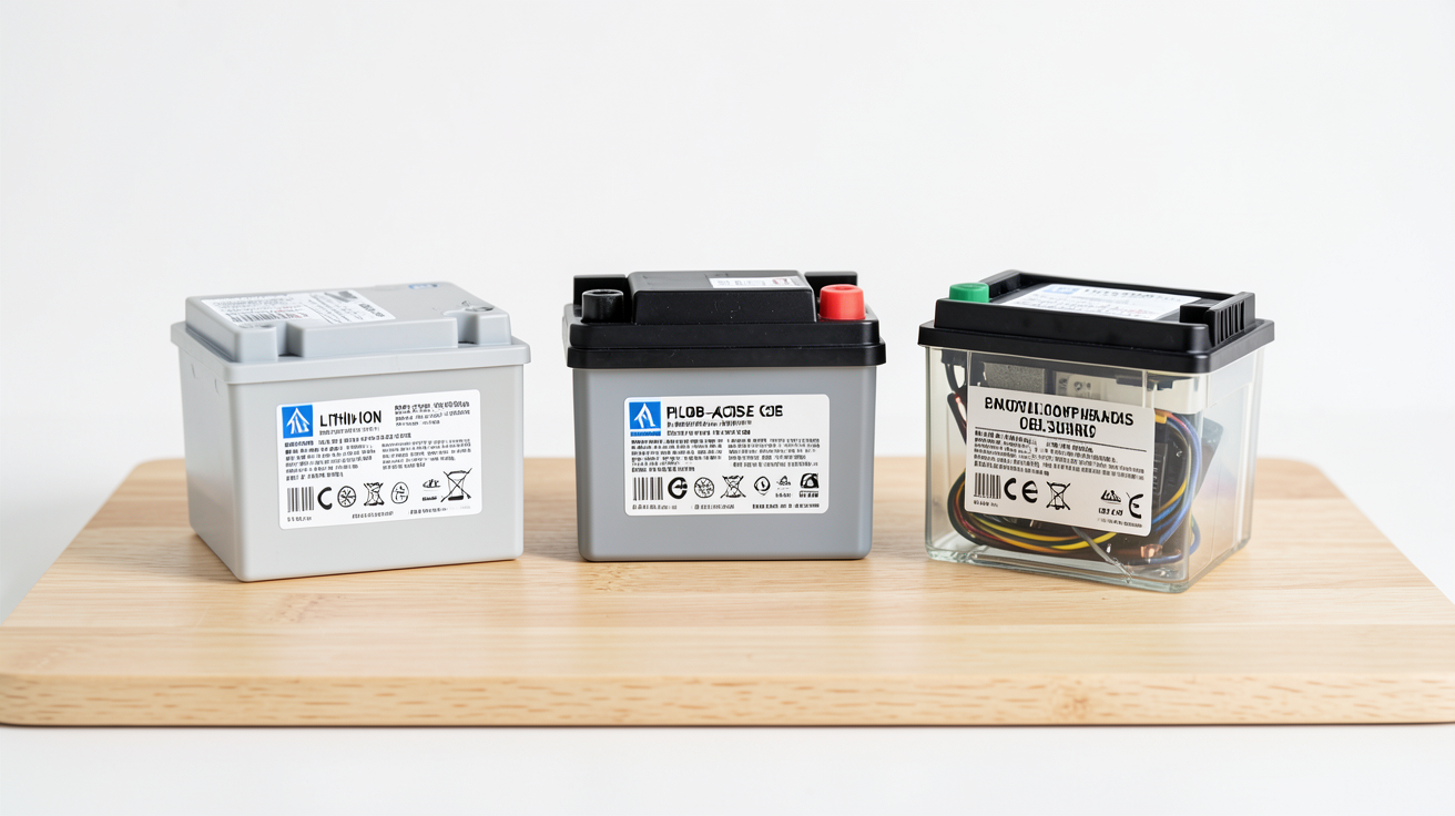 type de batterie pour panneau solaire : comparaison des modèles lithium-ion, plomb-acide et gel sur un plateau en bois