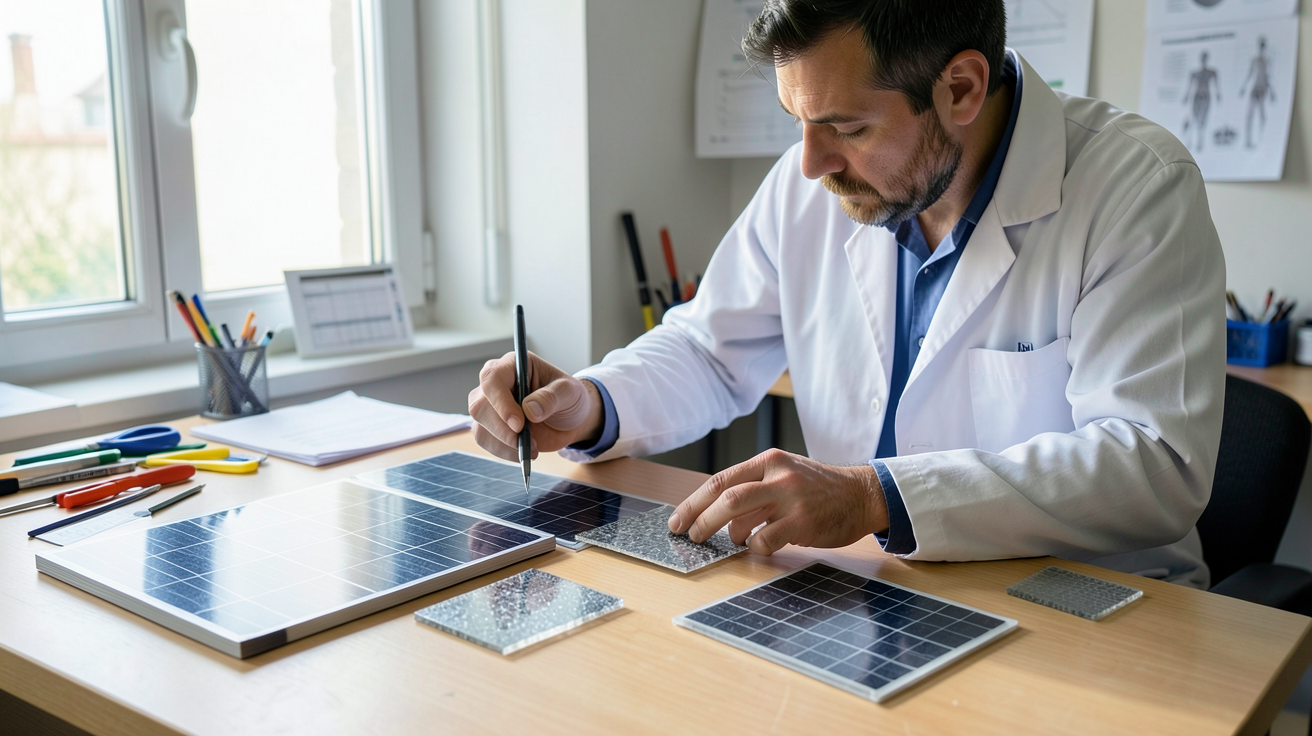 type de cellule photovoltaïque : technicien examinant des échantillons de cellules monocristallines, polycristallines et à couches minces pour un projet solaire