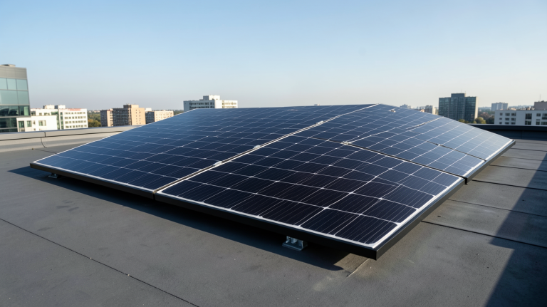 type de panneau photovoltaïque monocristallin noir installé sur un toit urbain moderne
