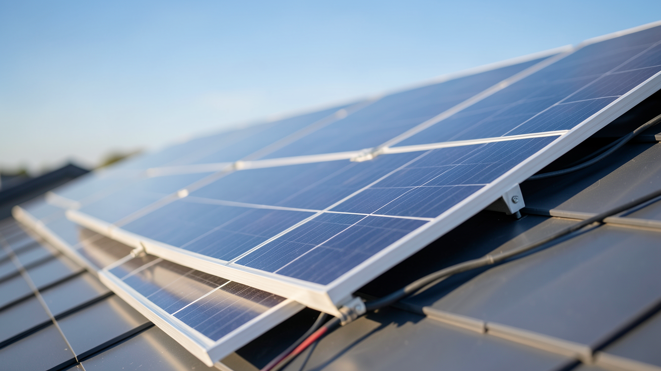 un panneau photovoltaïque en silicium monocristallin installé sur un toit incliné avec des cellules solaires et des câbles connectés