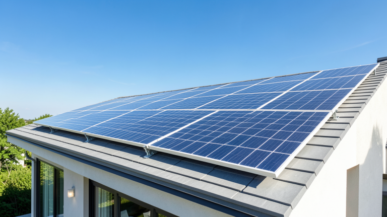 un panneau photovoltaique installé sur le toit d'une maison moderne sous un ciel bleu dégagé