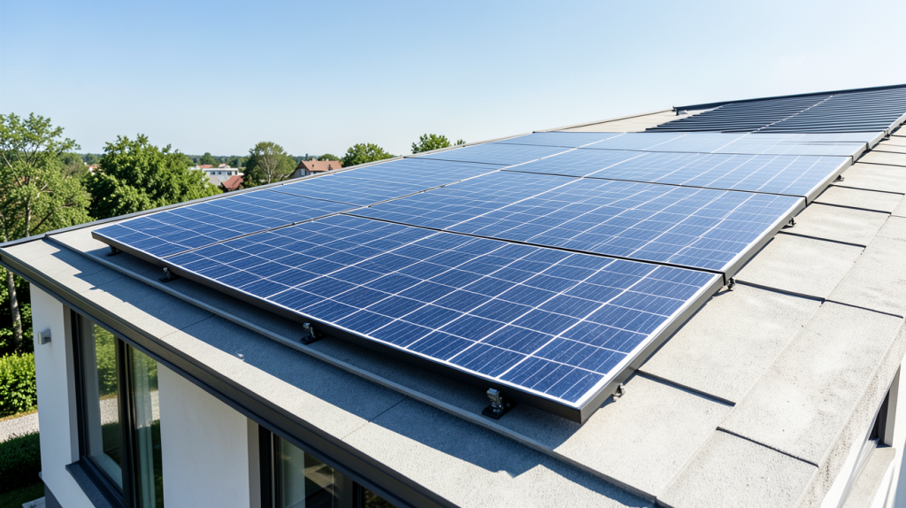 un panneau solaire installé sur le toit d'une résidence moderne sous un ciel bleu dégagé