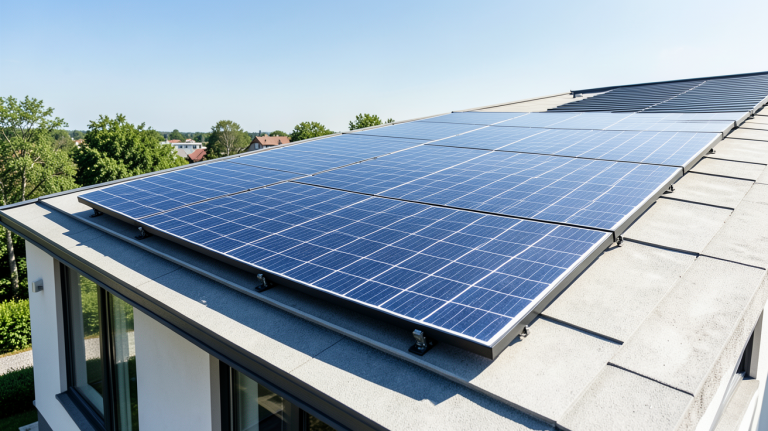 un panneau solaire installé sur le toit d'une résidence moderne sous un ciel bleu dégagé