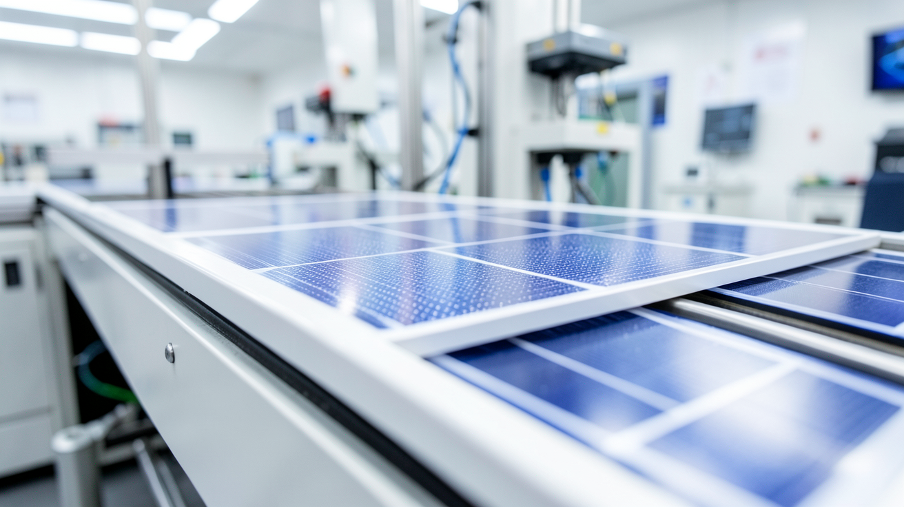 une cellule photovoltaïque en cours de fabrication dans un environnement industriel de haute technologie