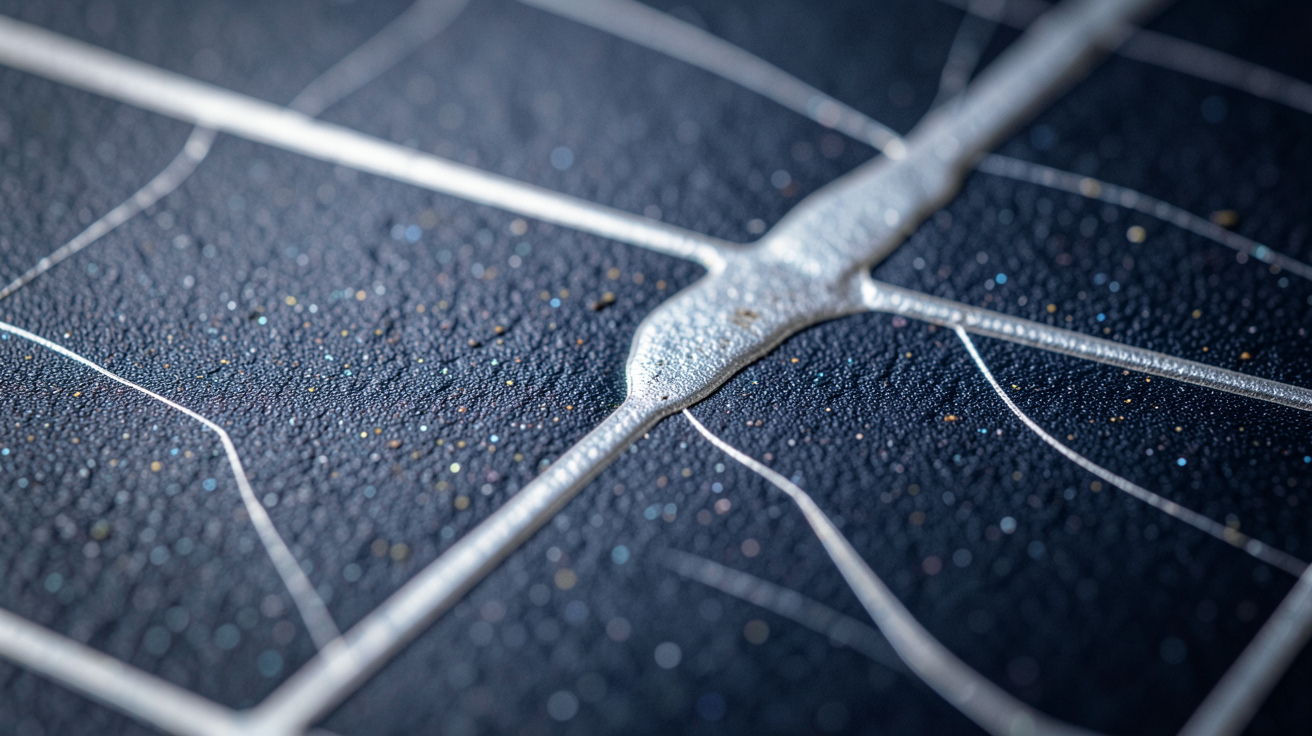 une cellule photovoltaïque vue de très près montrant sa structure technique en silicium
