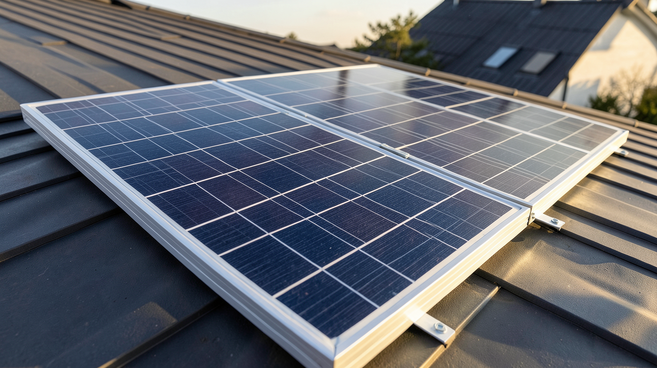 uniteck panneau solaire de la gamme Unisun installé sur un toit avec des cellules photovoltaïques visibles